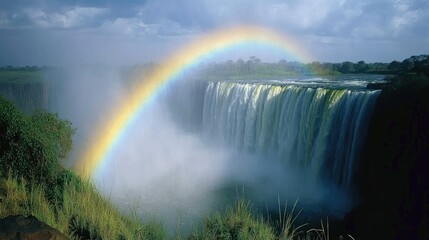 A rainbow forming over Victoria Falls, with the mist from the waterfalls creating a magical atmosphere.