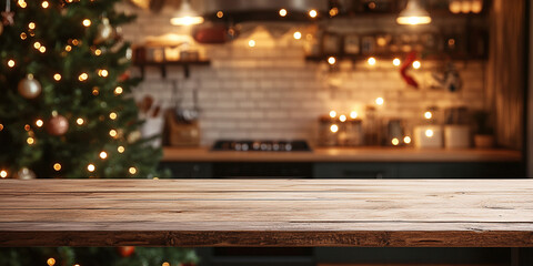 Festive kitchen backdrop with empty wooden table in foreground, Christmas tree and twinkling lights creating a warm, cozy atmosphere for holiday cooking and gatherings.
