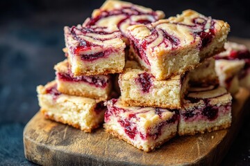 A stack of white chocolate blondies with swirls of raspberry jam, cut into squares on a wooden board