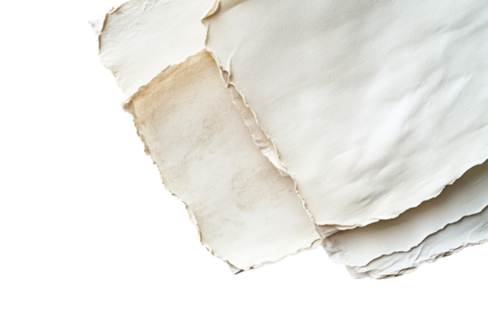 Close-up of vintage, torn, and aged parchment paper sheets perfect for backgrounds, textures, or artistic projects in a classic style.