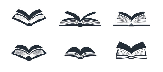 Collection of six open book icons in varying positions. Ideal for educational, literary, and reading-themed designs.