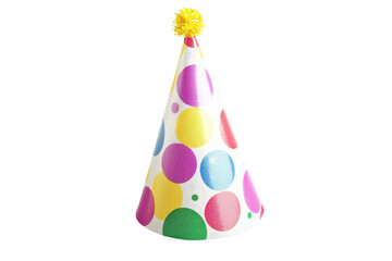 Colorful polka dot party hat with a yellow pom-pom on top, perfect for birthday celebrations and festive occasions.