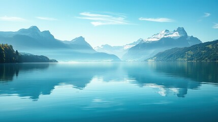 Serene Mountain Lake with Snow-Capped Peaks Reflecting on Calm Water