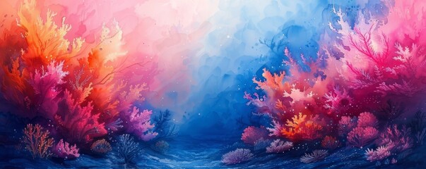 Fototapeta premium A painting of a coral reef with pink and blue colors. The painting is full of life and energy, with the coral and sea creatures appearing to be in motion