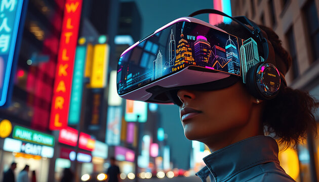 Une femme avec un casque de r&eacute;alit&eacute; virtuelle de haute technologie debout dans une rue anim&eacute;e et baign&eacute;e de n&eacute;ons la nuit, avec des images num&eacute;riques de gratte-ciels refl&eacute;t&eacute;es sur sa visi&egrave;re, donnant 