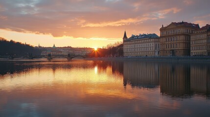 A serene view of the Vltava River at sunset, with reflections of Prague's historic buildings in the water.