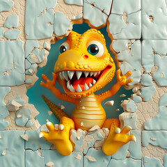 Cute cartoon colorful dinosaur break through 3d wal