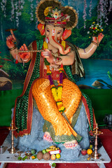 Fototapeta premium A Closeup shot Ganpati Installed in a Pandal during the 10 Day Ganesh Festival, the idols are immersed in heavy water bodies after the 10 days.