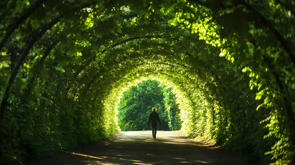 A person walking through a tunnel made of oversized leaves, with soft sunlight filtering through the vibrant green canopy above