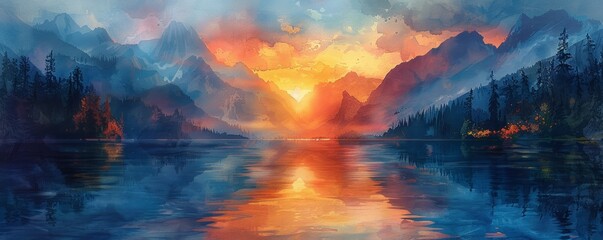 Obraz premium Watercolor abstract mountain lake at sunrise.