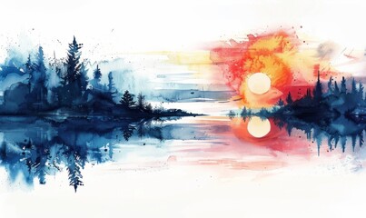 A painting of a forest with a lake and a sun in the sky. The sun is setting and the sky is a mix of blue and red. The painting evokes a sense of calm and serenity