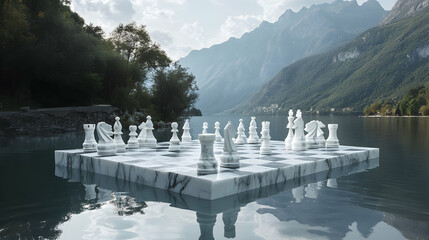 A giant chessboard made of marble floating on a tranquil lake, with the pieces carved out of crystal, reflecting the surrounding mountains