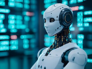 Artificial intelligence circuits overlaying a traditional stock market floor, AI in traditional finance, robotic takeover of manual trading