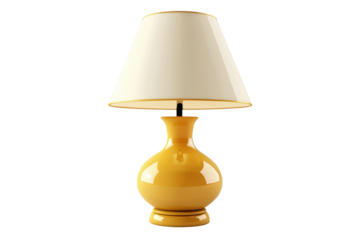 Elegant yellow ceramic table lamp with a white shade, perfect for modern home decor and ambient lighting.