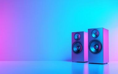 Two high-end speakers in neon-lit room, vibrant blue and pink lighting, futuristic audio setup, cinematic atmosphere, modern sound system, moody and dynamic