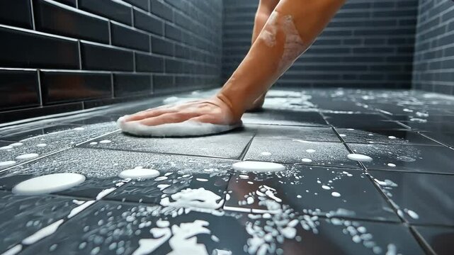 The tiler uses glue to install ceramic floor tiles in the bathroom.