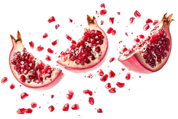 Freshly sliced pomegranate with juicy seeds scattered. Vibrant and healthy fruit, perfect for diet and nutrition concepts.