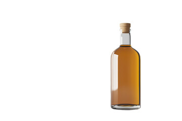 Glass bottle with amber liquid and cork against transparent background. Ideal for drinks, beverages, and bar-related uses.