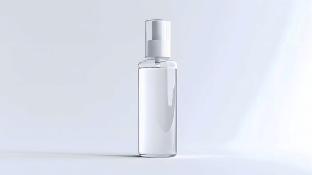 transparent cosmetic toner bottle with a simple label, standing upright on a white background, perfect for showcasing face lotions for clear skin