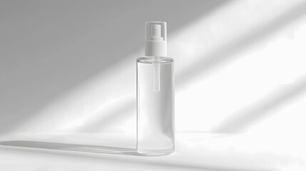 transparent cosmetic toner bottle with a simple label, standing upright on a white background, perfect for showcasing face lotions for clear skin