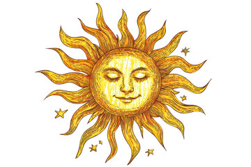 Hand-drawn illustration of a radiant sun with a smiling face, detailed sun rays, and small stars. Perfect for designs and backgrounds.