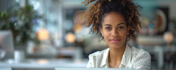 A woman working on a laptop, face serious and focused, against a clean white desk in a minimalist office.
