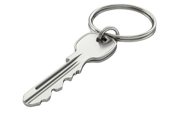 High-resolution image of a metal key on a keyring, ideal for use in security-related projects, real estate visuals, or as an icon.