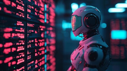 Fototapeta premium A stock trading floor controlled by robots under glowing neon lights, digital trading, AI dominating stock markets