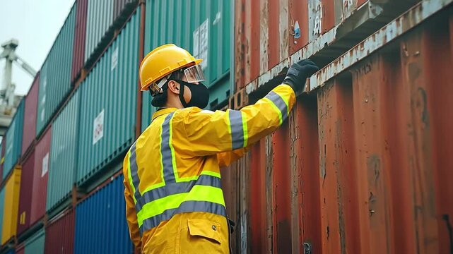 An inspector from customs seals a container that is ready for export.