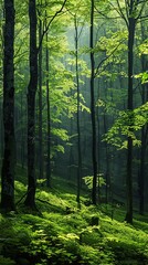 Obraz premium Sunlit green forest with tall trees