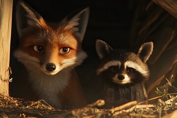 Obraz premium Portrait of Friendship Fox and Raccoon facing each other
