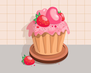 Cake with hearts. Dessert, sweet pastry, cakes, souffle. Sweets day. Delicate cream cake. Valentine's day, wedding, food with festive decor. Design for postcards. Vector illustration.