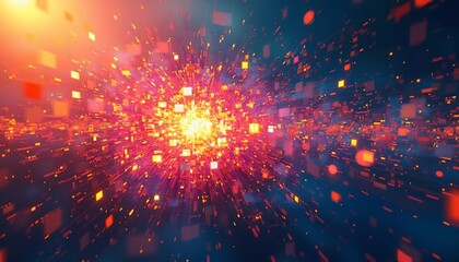 Fototapeta premium Vivid pixelated explosion with chaotic energy, bright abstract design, space for text