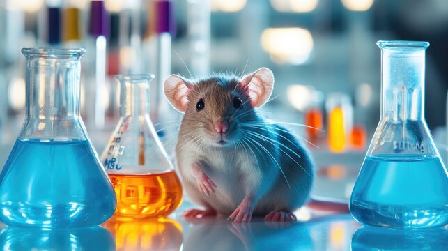 A curious rat amidst lab equipment and beakers, symbolizing animal research and experiments in medical and scientific fields