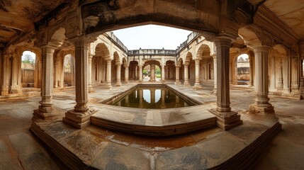 A wide-angle shot of the Queen Bath in Hampi, with its serene courtyard and arched openings.