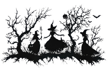 Silhouette of three witches in a dark, mysterious forest with bare trees and a bat flying above. Perfect for Halloween-themed projects.