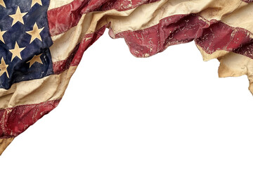 Tattered American flag with stars and stripes, symbolism of patriotism, history, and pride, isolated on transparent background.