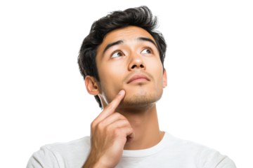 Thoughtful man looking up, touching chin, wearing white t-shirt. Isolated on transparent background. Concept of thinking and pondering ideas.