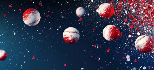 Abstract composition of red and white spheres with a dynamic explosion of particles on a dark blue background, creating a festive and energetic atmosphere