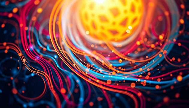 L'image pr&eacute;sente un orbe lumineux et brillant au centre, entour&eacute; de lignes dynamiques et color&eacute;es et de particules fluides, cr&eacute;ant une repr&eacute;sentation vivante de l'&eacute;nergie et du mouvement dans un style