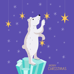 Cartoon polar bear and Christmas star. Arctic animal on ice crystals. Merry Christmas, hand lettering, signed postcard. Winter illustration, snow, ice floe, snowflakes. Isolated color background.