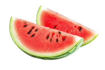 Two juicy watermelon slices on a transparent background. Perfect for summer-themed designs, healthy eating concepts, or fresh fruit promotions.