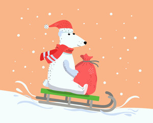 Cartoon polar bear with a bag riding on a sled. Bag with gifts. Arctic animal in Santa's hat. Merry Christmas, hand lettering, signed postcard. Winter illustration, snow, snowflakes.