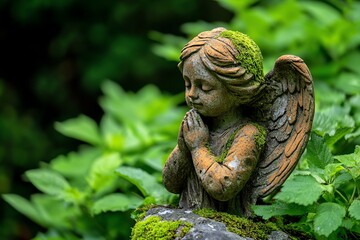 Obraz premium Stone angel, moss-covered, ancient and forgotten stands in a quiet corner of a forgotten garden, long abandoned