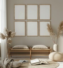 Modern minimalist interior with empty frames and soft textiles on a neutral backdrop