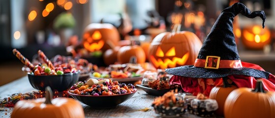 Colorful Halloween candy spread on a table, accompanied by pumpkins, glowing jack-o'-lanterns, and a black witch hat for festive decor.
