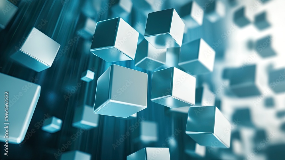 Fototapete dynamic abstract 3d cubes in motion on a sleek digital background, with clear copy space for text.