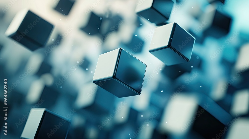 Fototapete dynamic abstract 3d cubes in motion on a sleek digital background, with clear copy space for text.