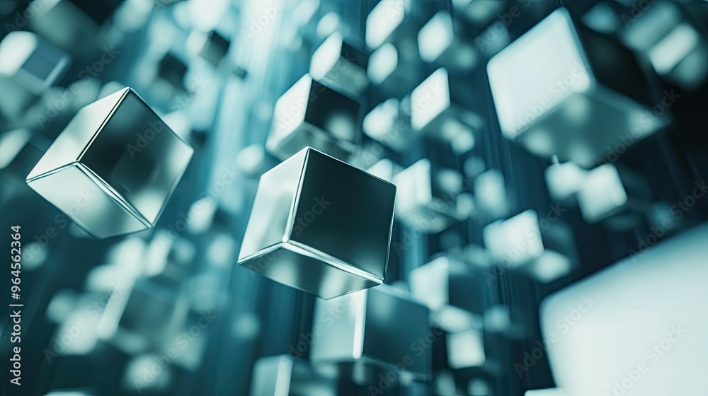 Fototapete dynamic abstract 3d cubes in motion on a sleek digital background, with clear copy space for text.