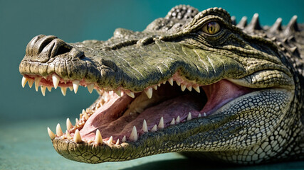 Fototapeta premium Crocodile with open mouth showing sharp teeth in a close-up shot with detailed texture and colors.